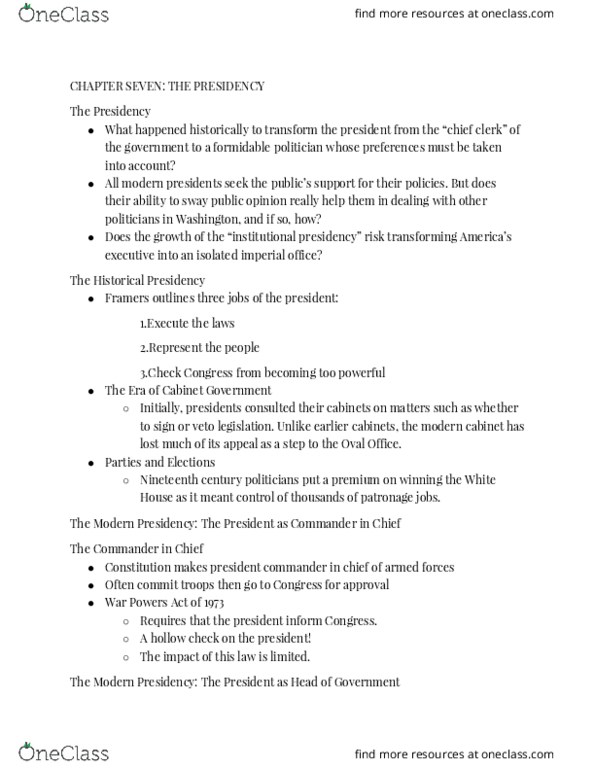 PS 100 Lecture Notes - Lecture 13: Article Two Of The United States Constitution, Imperial Presidency, Executive Privilege thumbnail