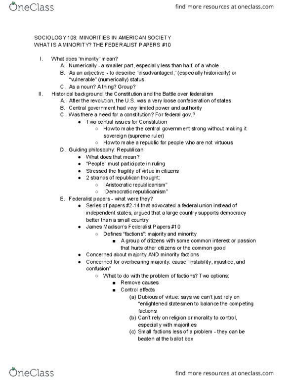 01:920:108 Lecture 1: SOCIOLOGY 108 - MINORITY GROUPS IN AMERICAN SOCIETY FEDERALIST PAPERS NOTES thumbnail