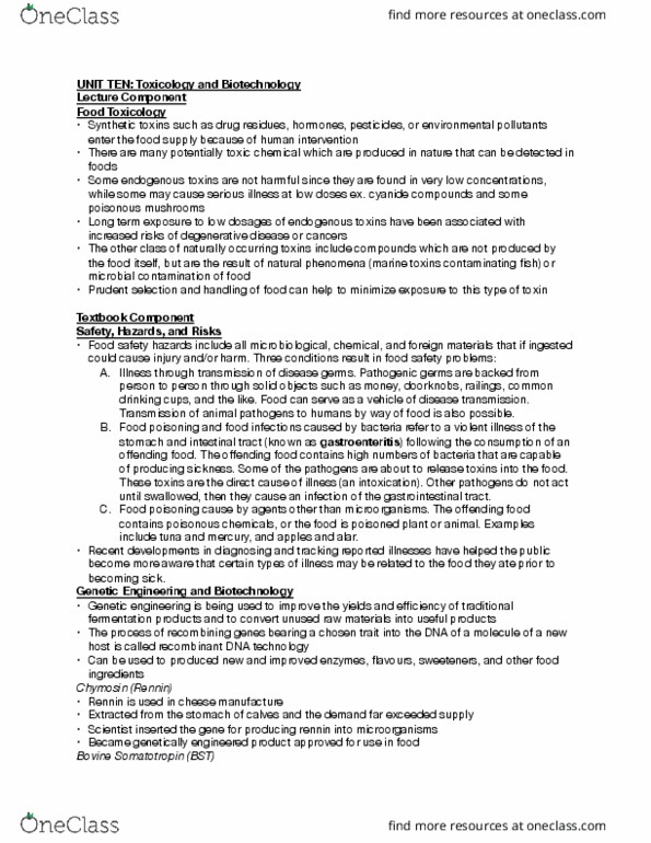 FOOD 2010 Lecture Notes - Lecture 10: Degenerative Disease, Food Safety, Gastroenteritis thumbnail