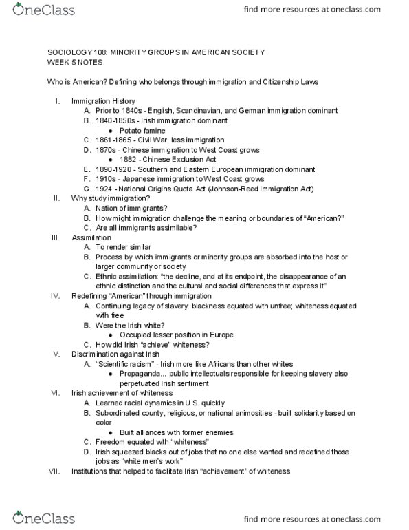 01:920:108 Lecture Notes - Lecture 5: Fourteenth Amendment To The United States Constitution, Scientific Racism, United States V. Wong Kim Ark thumbnail