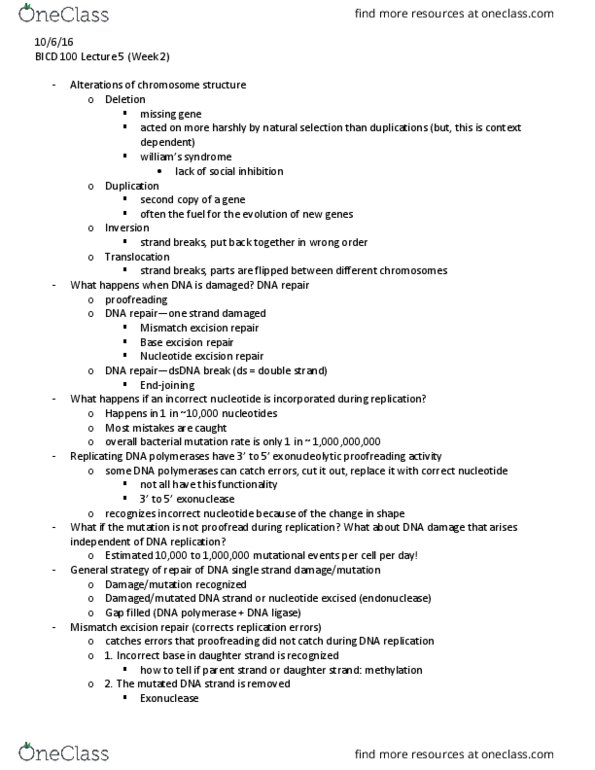 BICD 100 Lecture Notes - Lecture 5: Dna Repair, Dna Mismatch Repair, Dna Ligase thumbnail