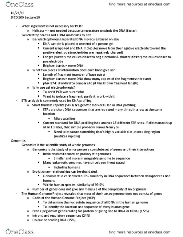 BICD 100 Lecture Notes - Lecture 10: Human Genome Project, Sanger Sequencing, Noncoding Dna thumbnail