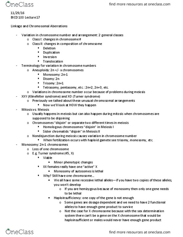 BICD 100 Lecture Notes - Lecture 17: Edwards Syndrome, Patau Syndrome, Monosomy thumbnail