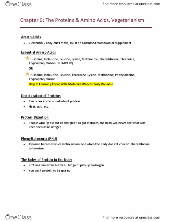 Foods and Nutrition 1021 Lecture Notes - Lecture 6: Essential Amino Acid, Nitrogen Balance, Isoleucine thumbnail