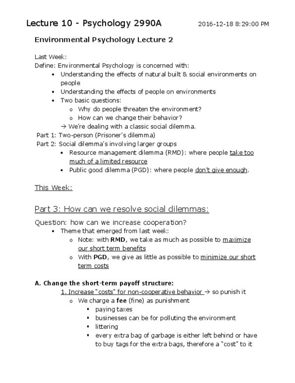 Psychology 2990A/B Lecture Notes - Lecture 9: Social Dilemma, Environmental Psychology, Lottery thumbnail