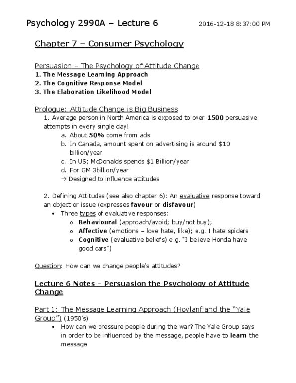 Psychology 2990A/B Lecture Notes - Lecture 6: Elaboration Likelihood Model, Miller Lite, Canadian Tire thumbnail