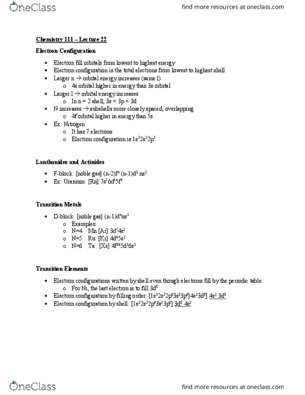 CHEM 111 Lecture Notes - Lecture 22: Metal, Noble Gas, Electron Configuration thumbnail