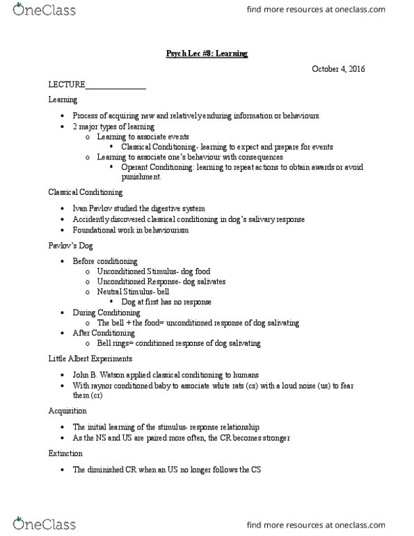 PSYC 1000 Lecture Notes - Lecture 8: Behaviorism, Immunology, Operant Conditioning thumbnail