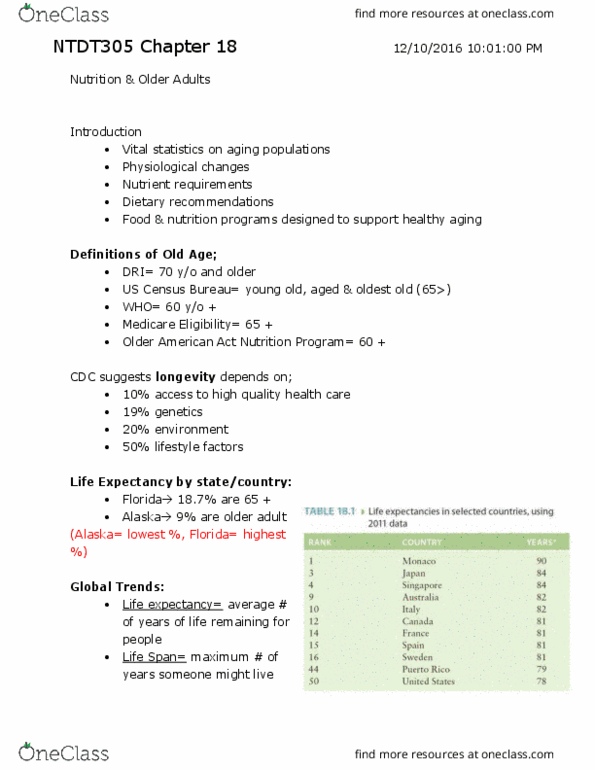 NTDT305 Lecture Notes - Lecture 18: United States Census Bureau, Skeletal Muscle, Telomere thumbnail