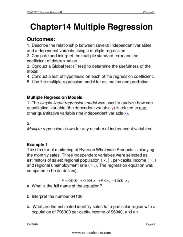 QMS 202 Lecture Notes - Simple Linear Regression, Linear Regression, F-Test thumbnail