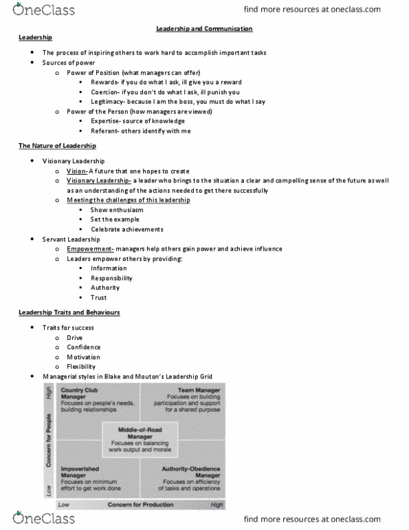 GMS 200 Lecture Notes - Lecture 11: Situational Leadership Theory, Proxemics, Charismatic Authority thumbnail