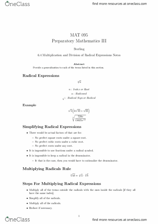 MAT 095 Lecture Notes - Lecture 24: Nth Root thumbnail