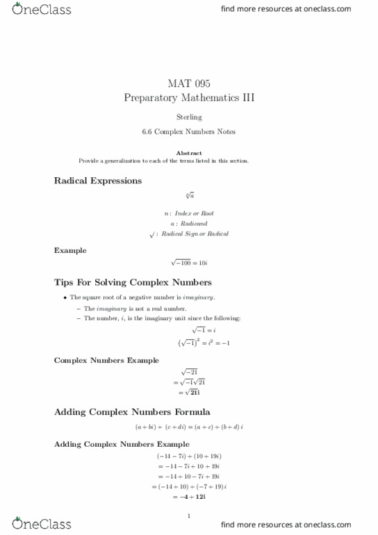 MAT 095 Lecture Notes - Lecture 26: Nth Root, Negative Number thumbnail