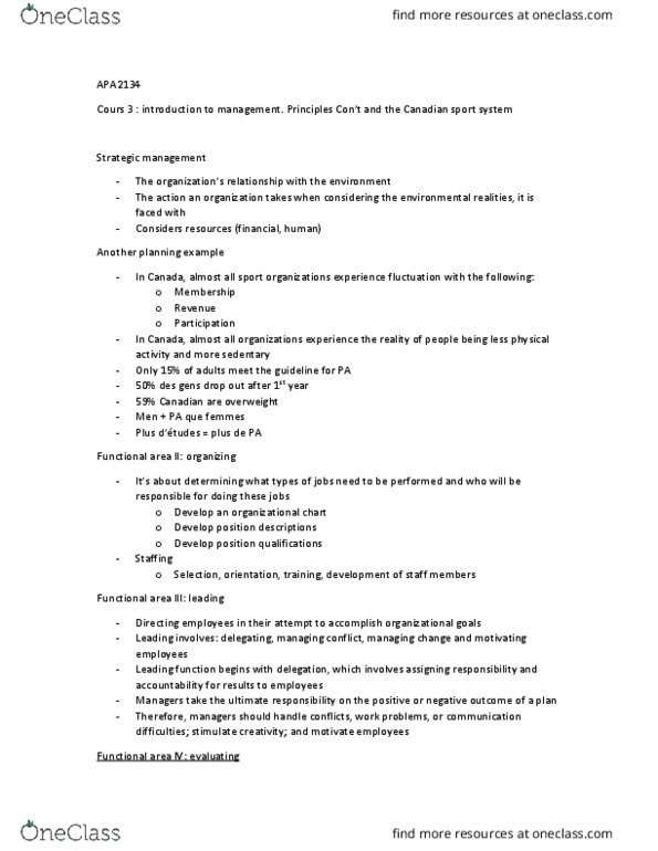 APA 2134 Lecture Notes - Lecture 3: Change Management, Strategic Management, Sport Canada thumbnail