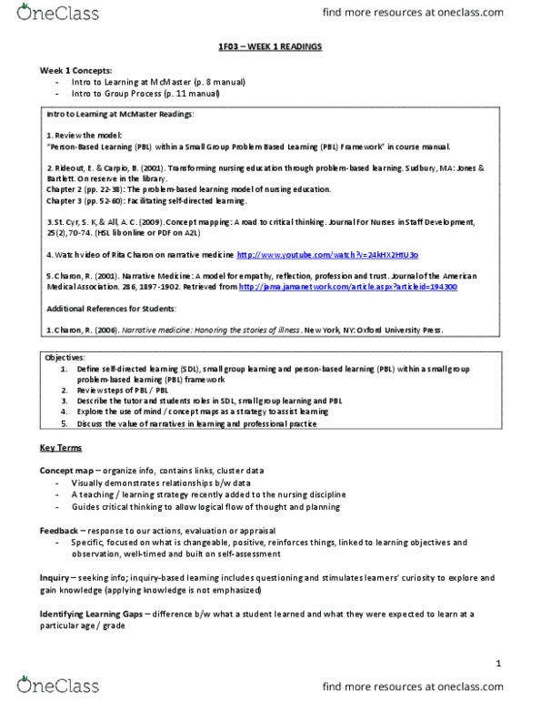 NURSING 1F03 Lecture Notes - Lecture 1: No. 13 Group Raf, Lev Vygotsky, Mucous Membrane thumbnail