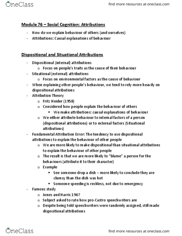 PSYC 1001 Lecture Notes - Lecture 34: Fundamental Attribution Error, Fritz Heider thumbnail