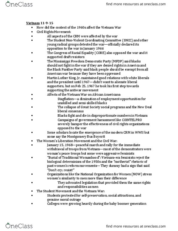 HIST2475 Lecture Notes - Lecture 20: Mississippi Freedom Democratic Party, Student Nonviolent Coordinating Committee, Cointelpro thumbnail