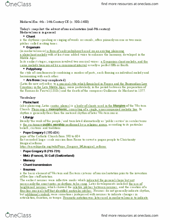 Music 1710F/G Lecture Notes - Lecture 17: Coptic Catholic Church, Visigoths, Guillaume De Machaut thumbnail