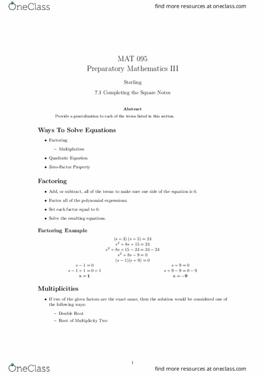 MAT 095 Lecture Notes - Lecture 27: Quadratic Equation thumbnail