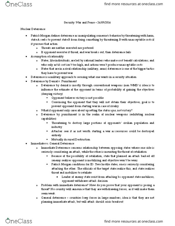 POLI 360 Lecture Notes - Lecture 6: Deterrence Theory, Mikhail Gorbachev, Massive Retaliation thumbnail