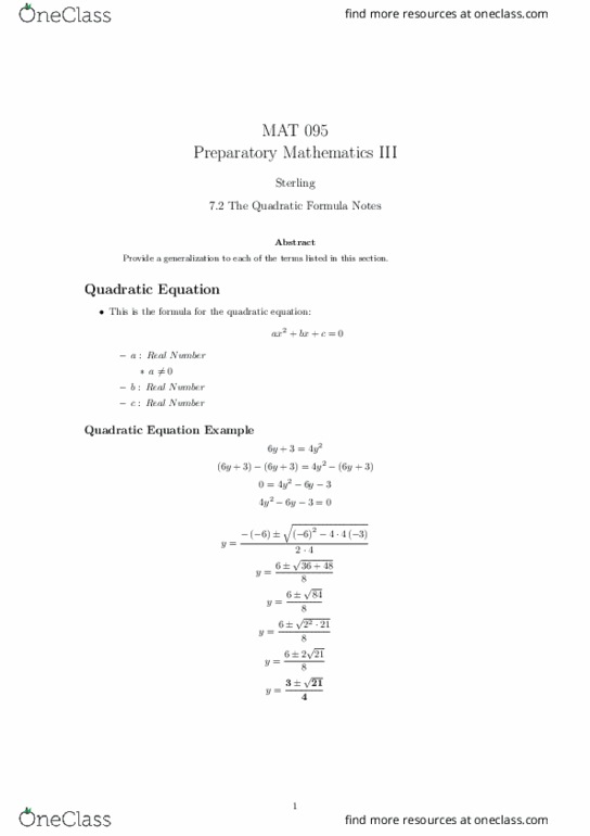 MAT 095 Lecture Notes - Lecture 28: Quadratic Formula, Discriminant, Quadratic Equation thumbnail