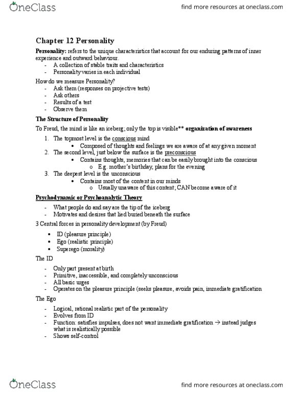 PS101 Chapter Notes - Chapter 12: Tantrum, Agreeableness, Reaction Formation thumbnail