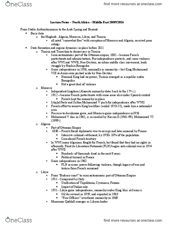 POLI 340 Lecture Notes - Lecture 4: Idris Of Libya, Destour, Al-Qaeda In The Islamic Maghreb thumbnail
