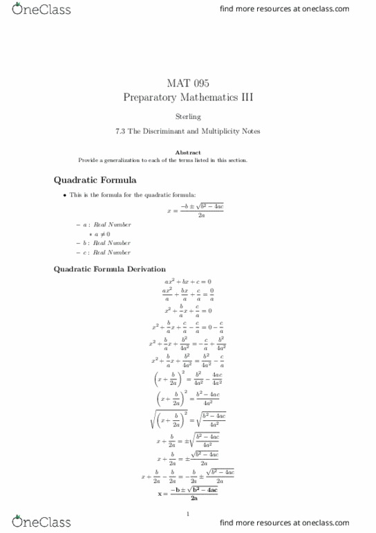 MAT 095 Lecture Notes - Lecture 29: Quadratic Formula thumbnail