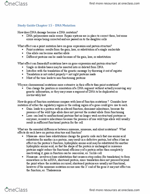 BIOL 2107K Lecture Notes - Lecture 15: Protein Structure, Mutagen, Thalassemia thumbnail