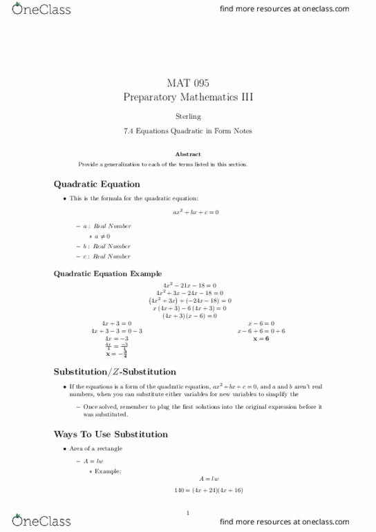 MAT 095 Lecture Notes - Lecture 30: Pythagorean Theorem, Quadratic Equation thumbnail