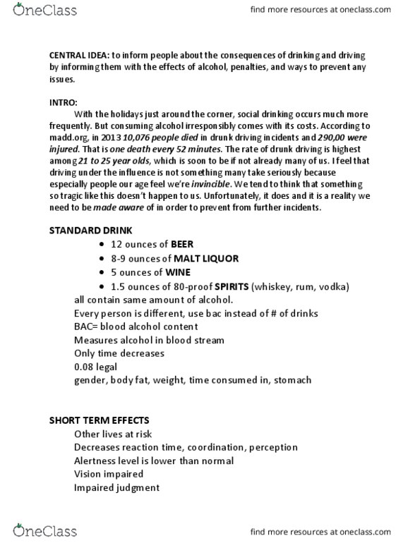 SPK 208 Lecture Notes - Lecture 6: Carpool, Blood Alcohol Content, Mucosa-Associated Lymphoid Tissue thumbnail