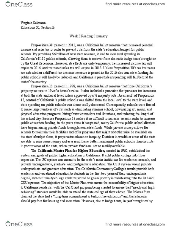 EDUC 60 Lecture Notes - Lecture 3: Postgraduate Education, The Californias, California Ballot Proposition thumbnail