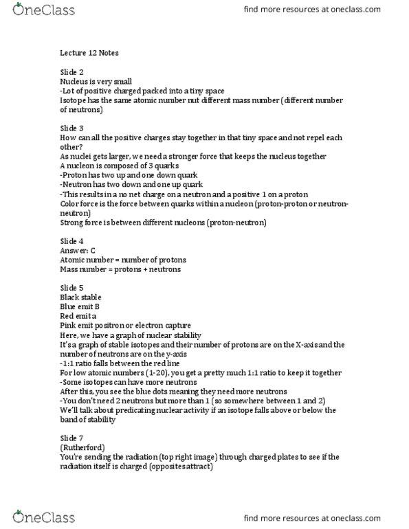CHEM 230 Lecture Notes - Lecture 12: Beta Particle, Alpha Decay, Strong Interaction thumbnail