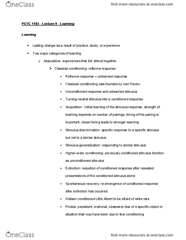 PSYC 1103 Lecture Notes - Lecture 9: Behaviorism, Sensory Cue, Little Albert Experiment thumbnail