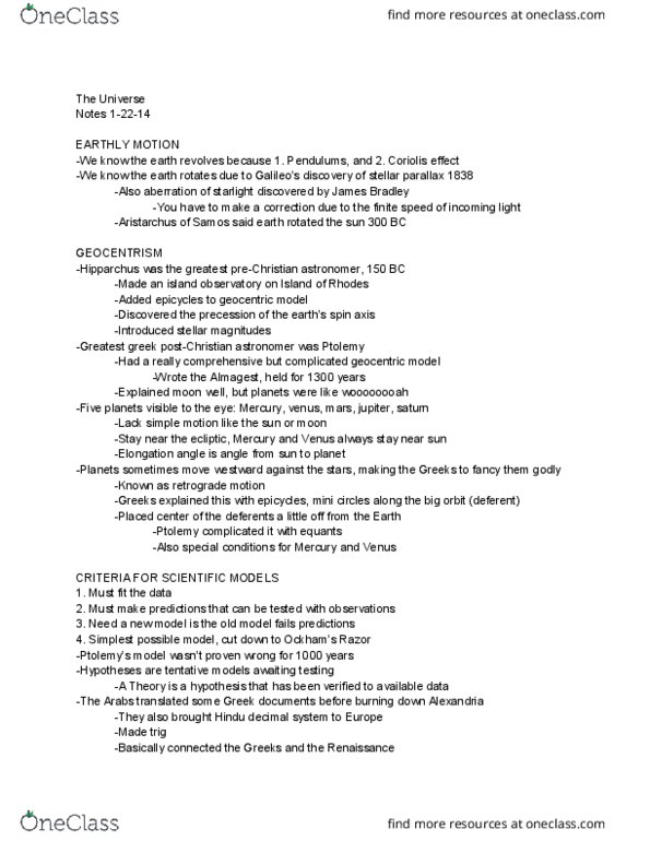 ASTR 100Lgx Lecture Notes - Lecture 4: De Revolutionibus Orbium Coelestium, Deferent And Epicycle, Geocentric Model thumbnail