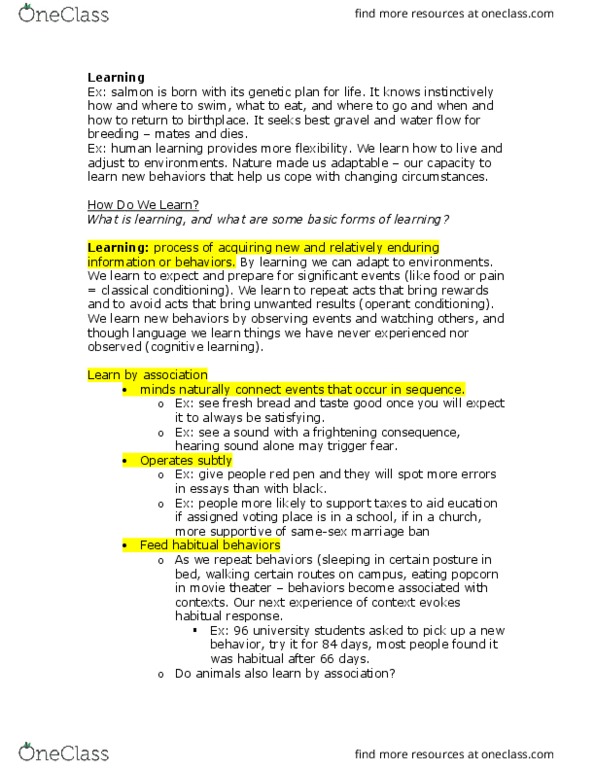 PSYC 327 Lecture Notes - Lecture 14: Operant Conditioning, Observational Learning, Behaviorism thumbnail