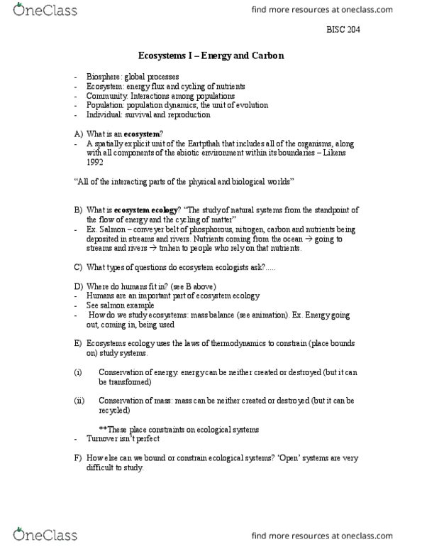 BISC 204 Lecture Notes - Lecture 17: Terrestrial Ecosystem, Energy Transformation, Allochthon thumbnail