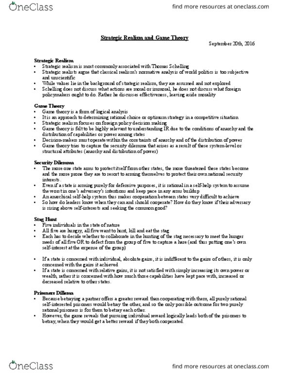 POLS 2200 Lecture Notes - Lecture 3: Arms Control, Thomas Schelling, Security Dilemma thumbnail