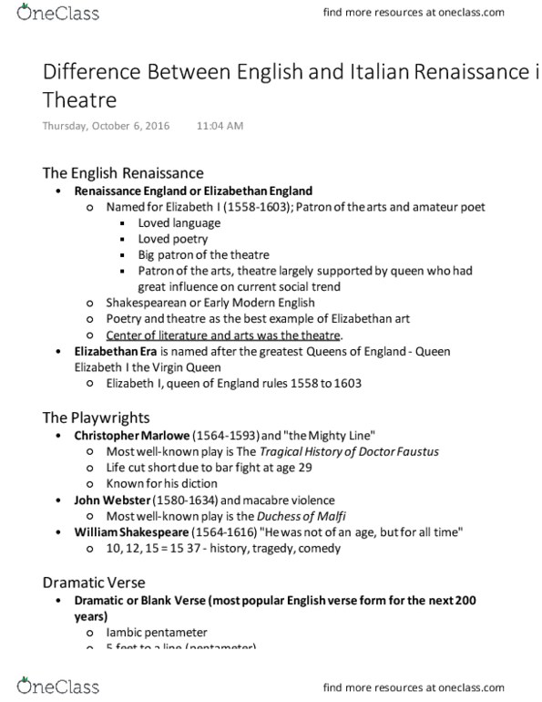 THEA241 Lecture Notes - Lecture 10: Christopher Marlowe, Elizabethan Era, Blank Verse thumbnail