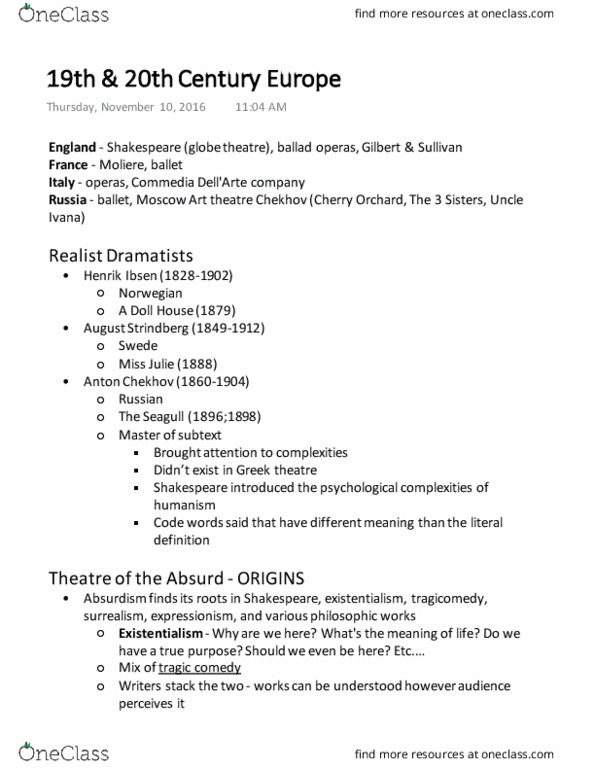 THEA241 Lecture Notes - Lecture 15: Epic Theatre, August Strindberg, Gilbert And Sullivan thumbnail