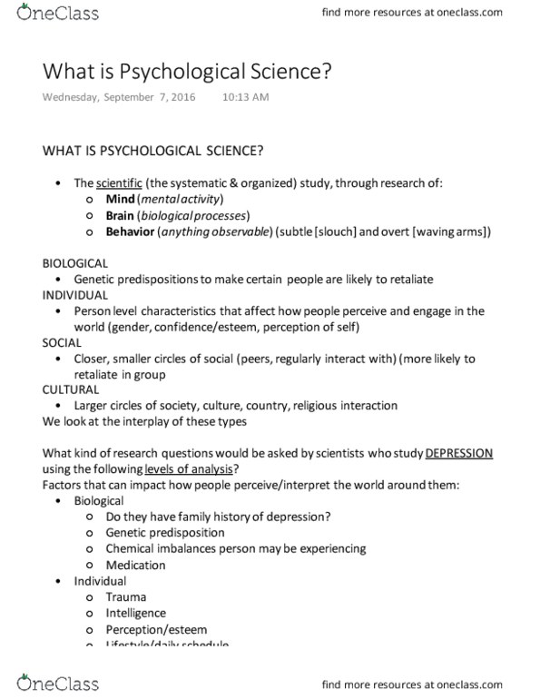 PSYC100 Lecture Notes - Lecture 1: Confirmation Bias, Genetic Predisposition, Psychological Science thumbnail