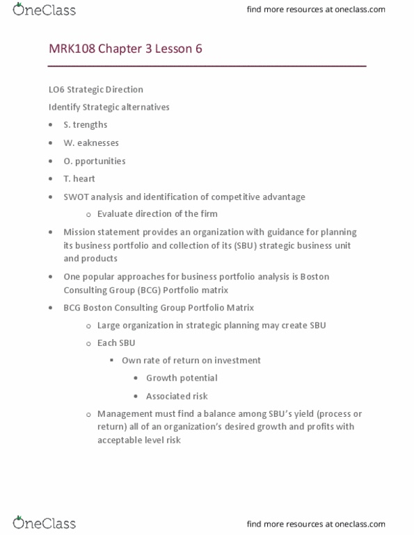 Accounting MRK108 Chapter Notes - Chapter 3.6: Cash Flow, Problem Child 2, Swot Analysis thumbnail