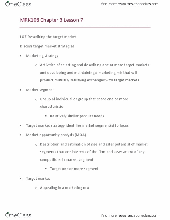 Accounting MRK108 Chapter Notes - Chapter 3.7: Psychographic, Target Market, Market Segmentation thumbnail