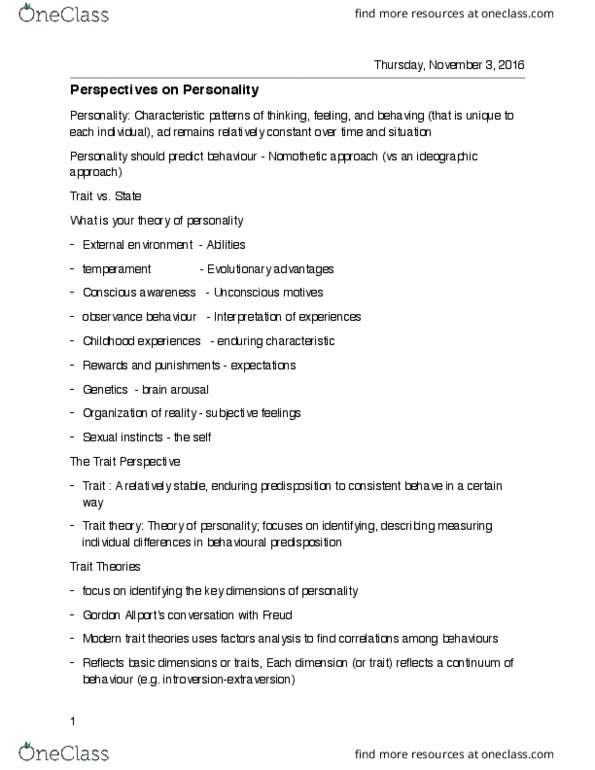 PSYC 1000 Lecture Notes - Lecture 10: 16Pf Questionnaire, Psychopathology, Agreeableness thumbnail