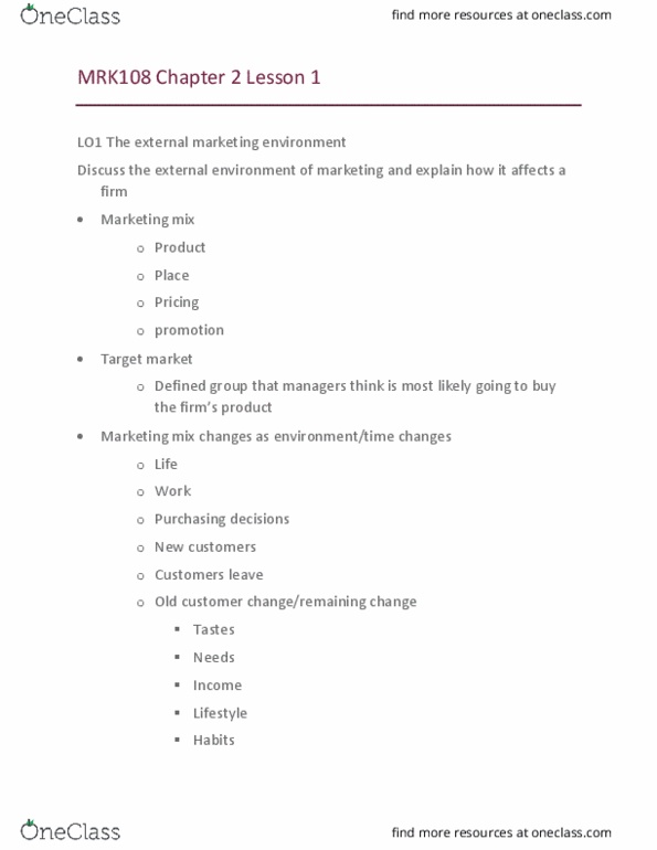 Accounting MRK108 Chapter Notes - Chapter 2.1: Marketing Mix, Target Market, Market Environment thumbnail