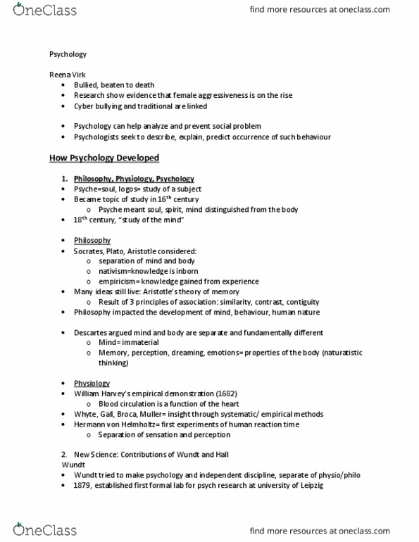 PSY100Y5 Lecture Notes - Lecture 1: Margaret Floy Washburn, David H. Hubel, Carl Jung thumbnail