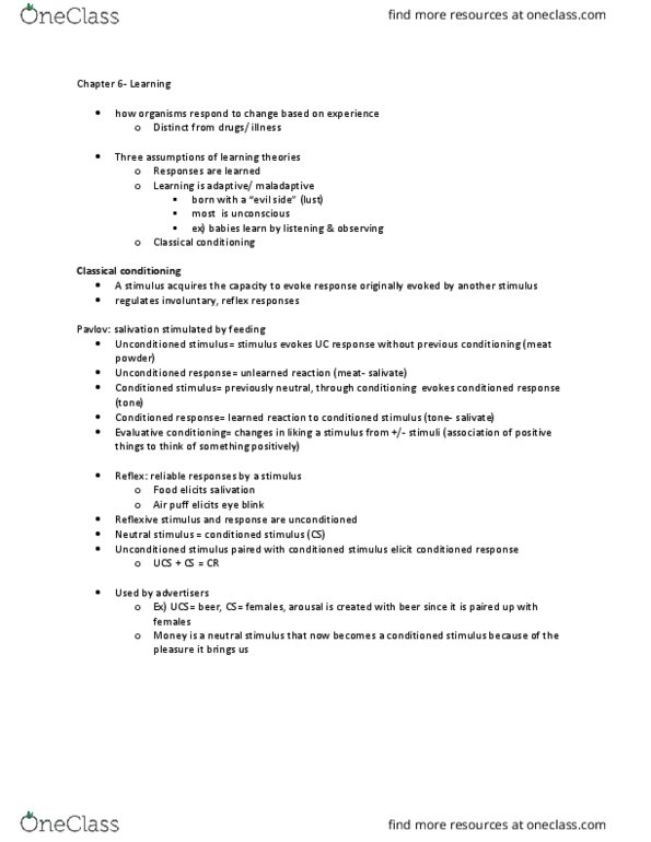 PSY100Y5 Lecture Notes - Lecture 6: Mirror Neuron, Classical Conditioning, Conditioned Taste Aversion thumbnail