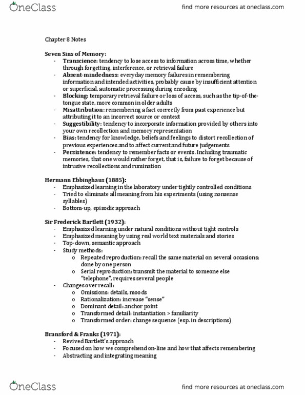 BUS 237 Lecture Notes - Lecture 8: Hermann Ebbinghaus, Semantic Integration, Eyewitness Memory thumbnail