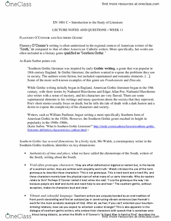 EN 1001 Lecture Notes - Lecture 11: William Faulkner, Nathaniel Hawthorne, Southern United States Literature thumbnail