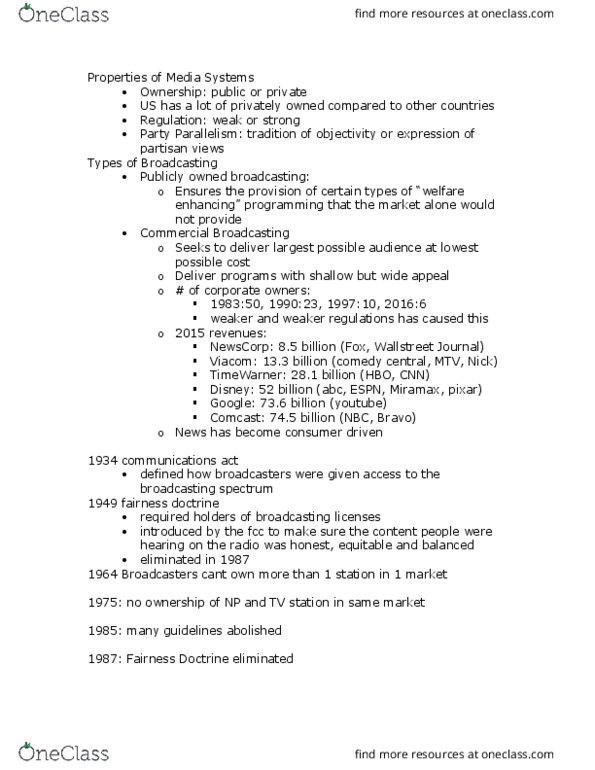 POSC340 Lecture Notes - Lecture 5: News Corporation, Fairness Doctrine, Globalpost thumbnail